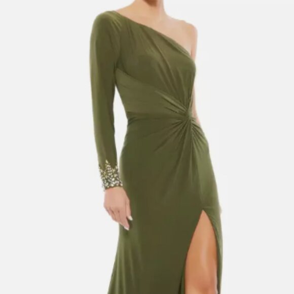 MAC DUGGAL 55696 ONE SLEEVE BEADED CUFF SIDE TWIST THIGH SLIT OLIVE GOWN sz 8 - Picture 2 of 3
